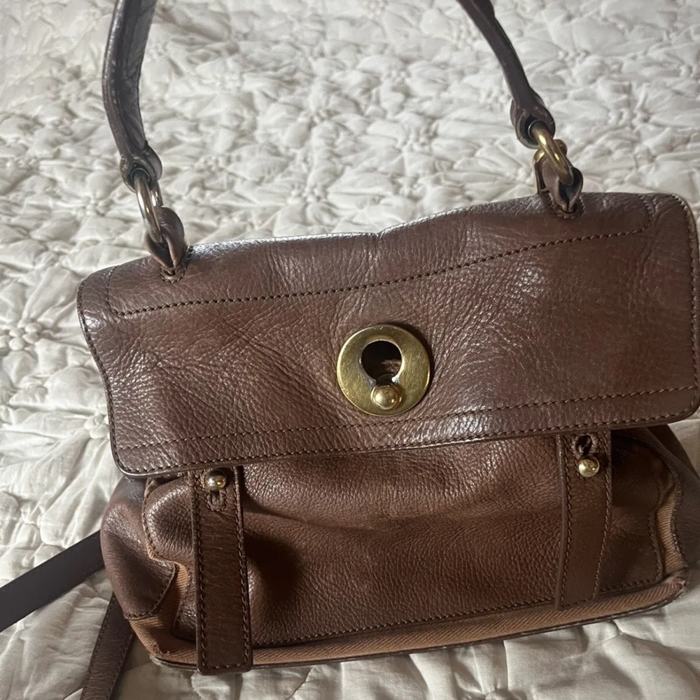YVES SAINT LAURENT YSL Muse Shoulder Handbag Brown Leather Top Handle Bag